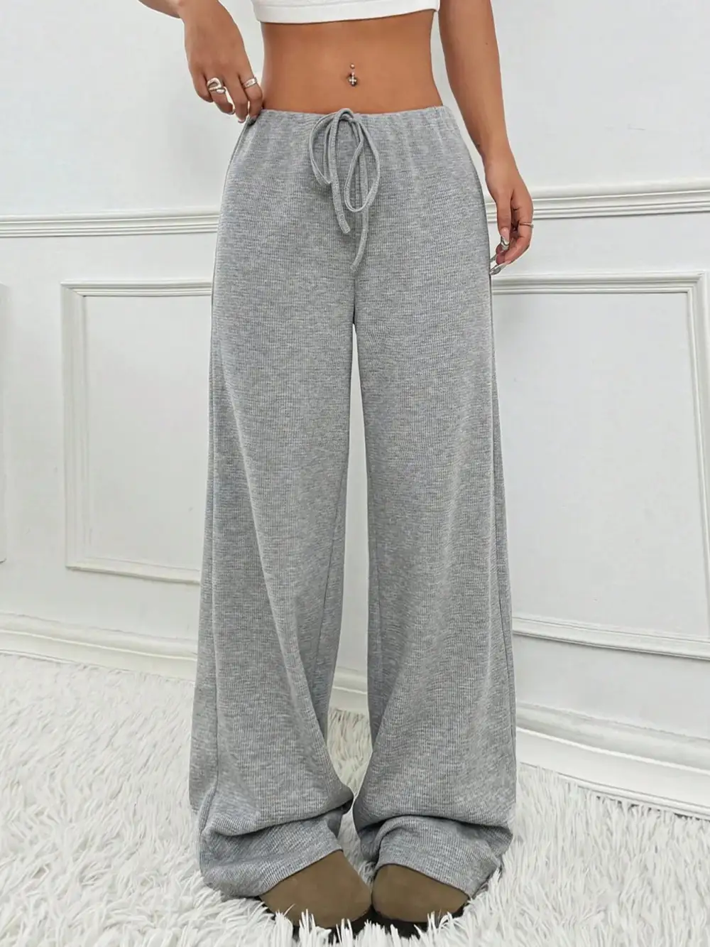 Relaxed Striped Wide Leg Drawstring Pants