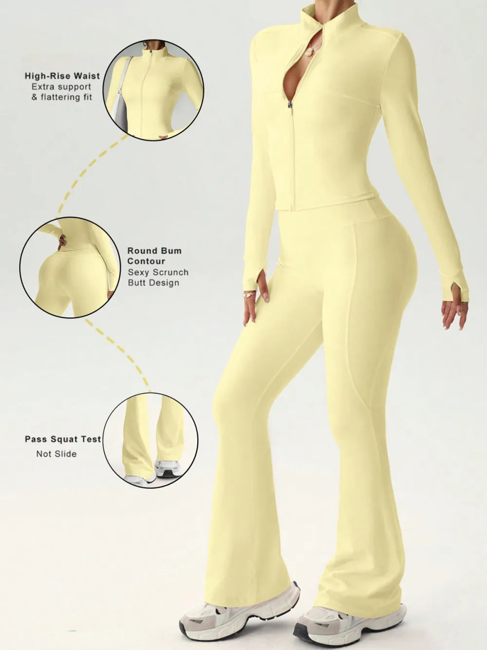 Women's Nude Yoga Set — Zip-Up Long Sleeve Jacket, High-Waist Flared Pants, Solid Backless Top, Soft-Touch Athletic Activewear