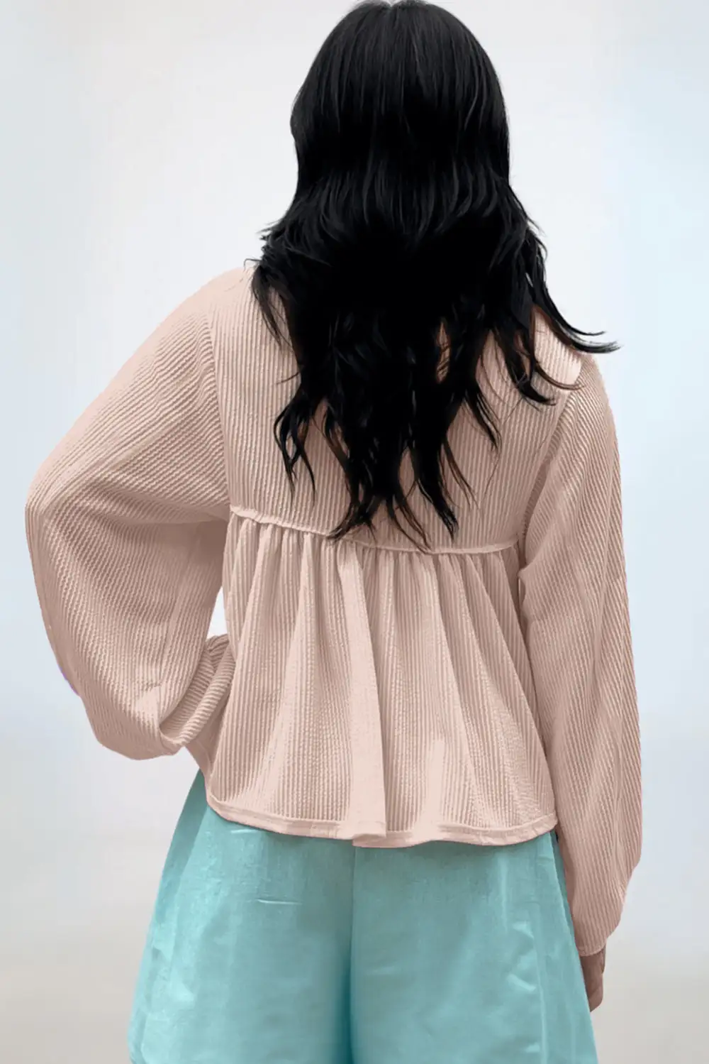 Parchment Corded Turn-Down V Neck Bubble Sleeve Babydoll Blouse