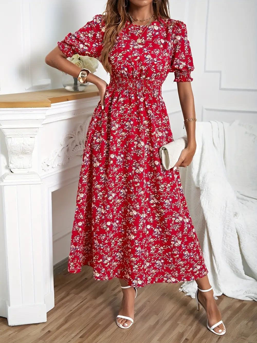 Floral Print Dress: Romantic Puff Sleeves (Spring & Summer, Crew Neck)