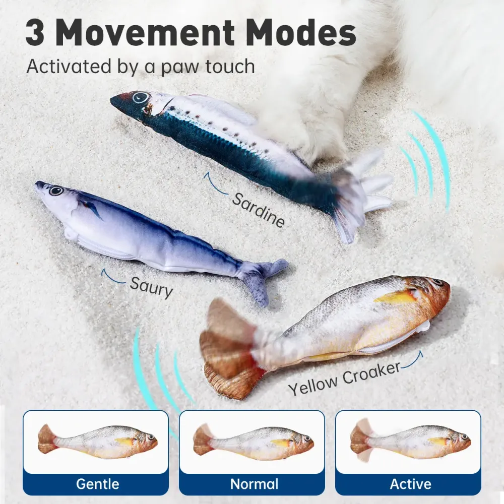 Petgravity 3-Pack Floppy Fish Cat Toys - 7.1in Mini Sardine/Saury/Yellow Croaker Shapes, Tap-Activated 3 Flapping Modes, Motion Sensor, USB Rechargeable, Interactive for Cats, Interaction