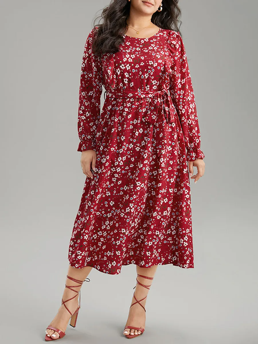 Red Elegant Advanced Floral Waist Midi Dress