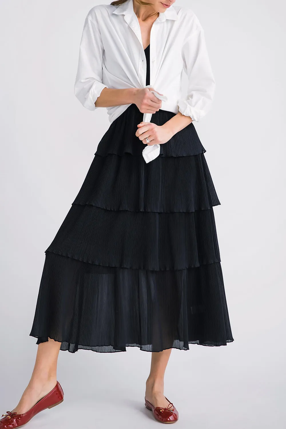 Merci Pleated Tiered Midi Dress - redorange
