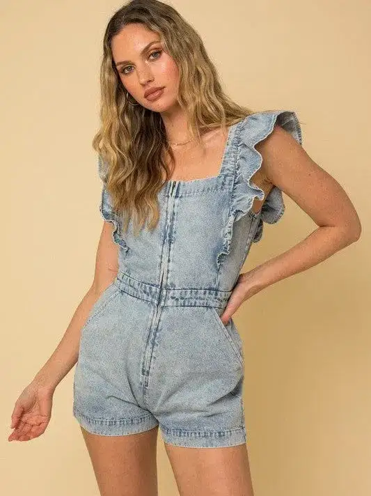 Off the Charts Cuteness Ruffle Denim Romper