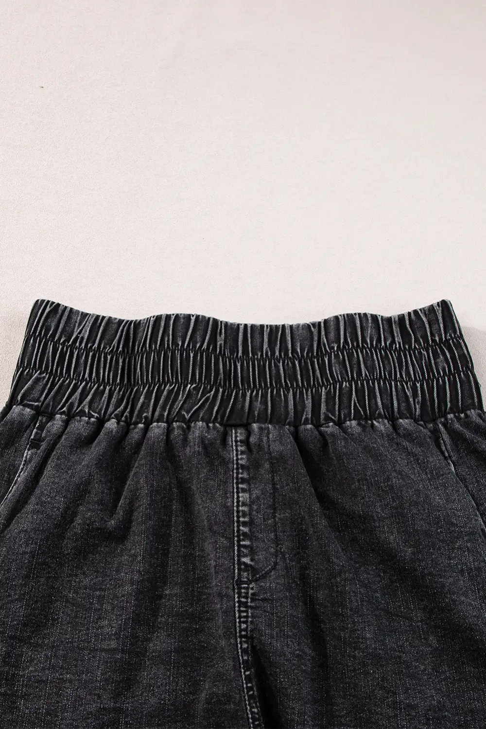 Smocked High Waist Mineral Washed Jean Shorts