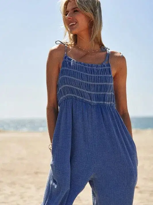 Sunkissed and Smiling Smocked Detail Tie Straps Jumpsuit