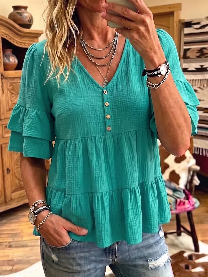 Women's Vintage Ruffle-Sleeve Casual Shirt