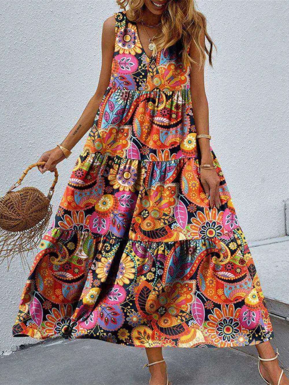 Boho Chic  Tiered Printed V-Neck Sleeveless Dress