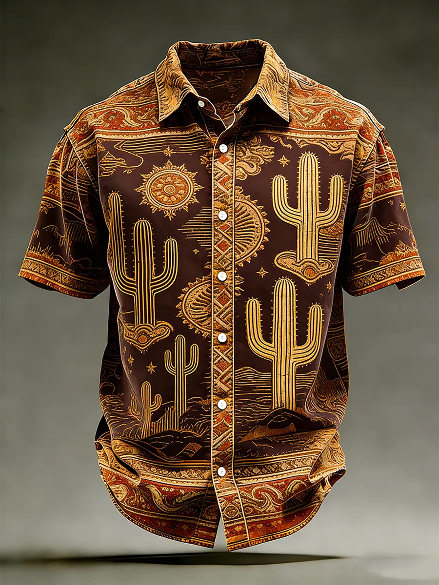 Men's Vintage Cactus Sketch & Sun Aztec Western Shirt