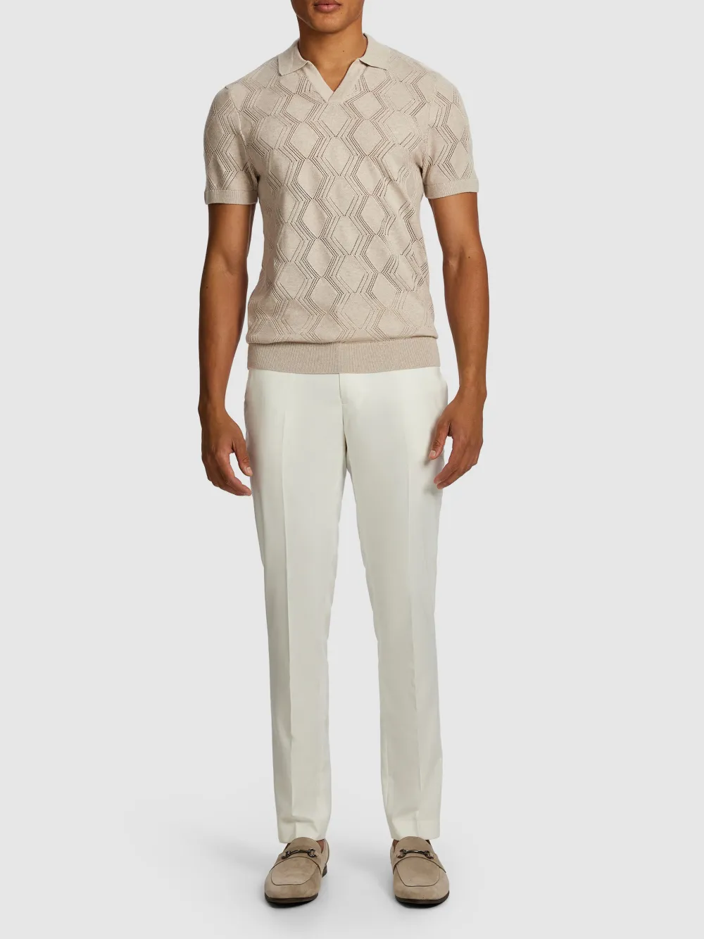 Beige Short Sleeve Diamond Pattern Polo Shirt