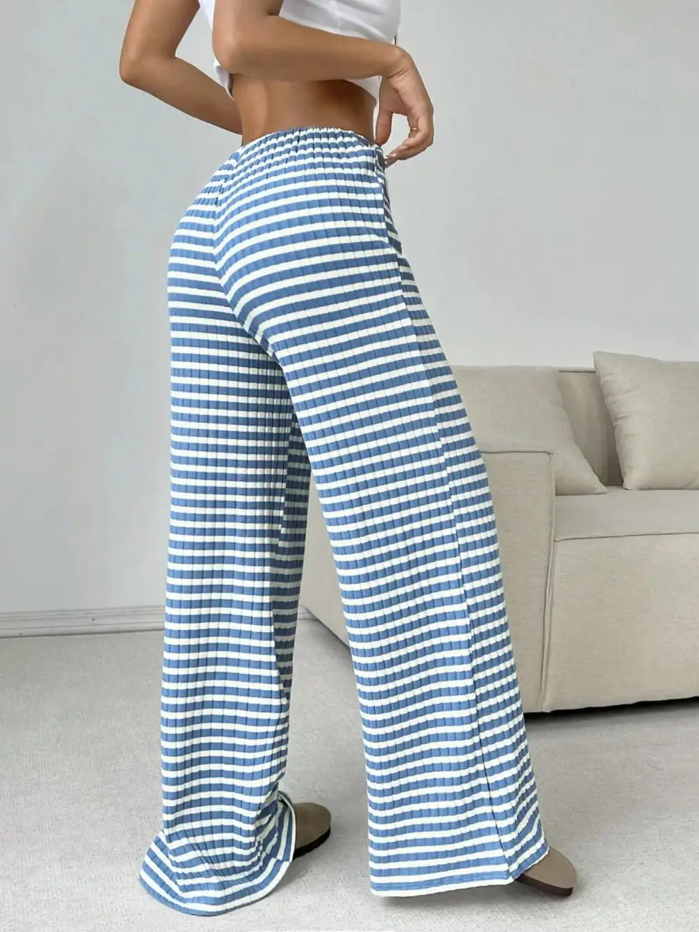 Relaxed Striped Wide Leg Drawstring Pants