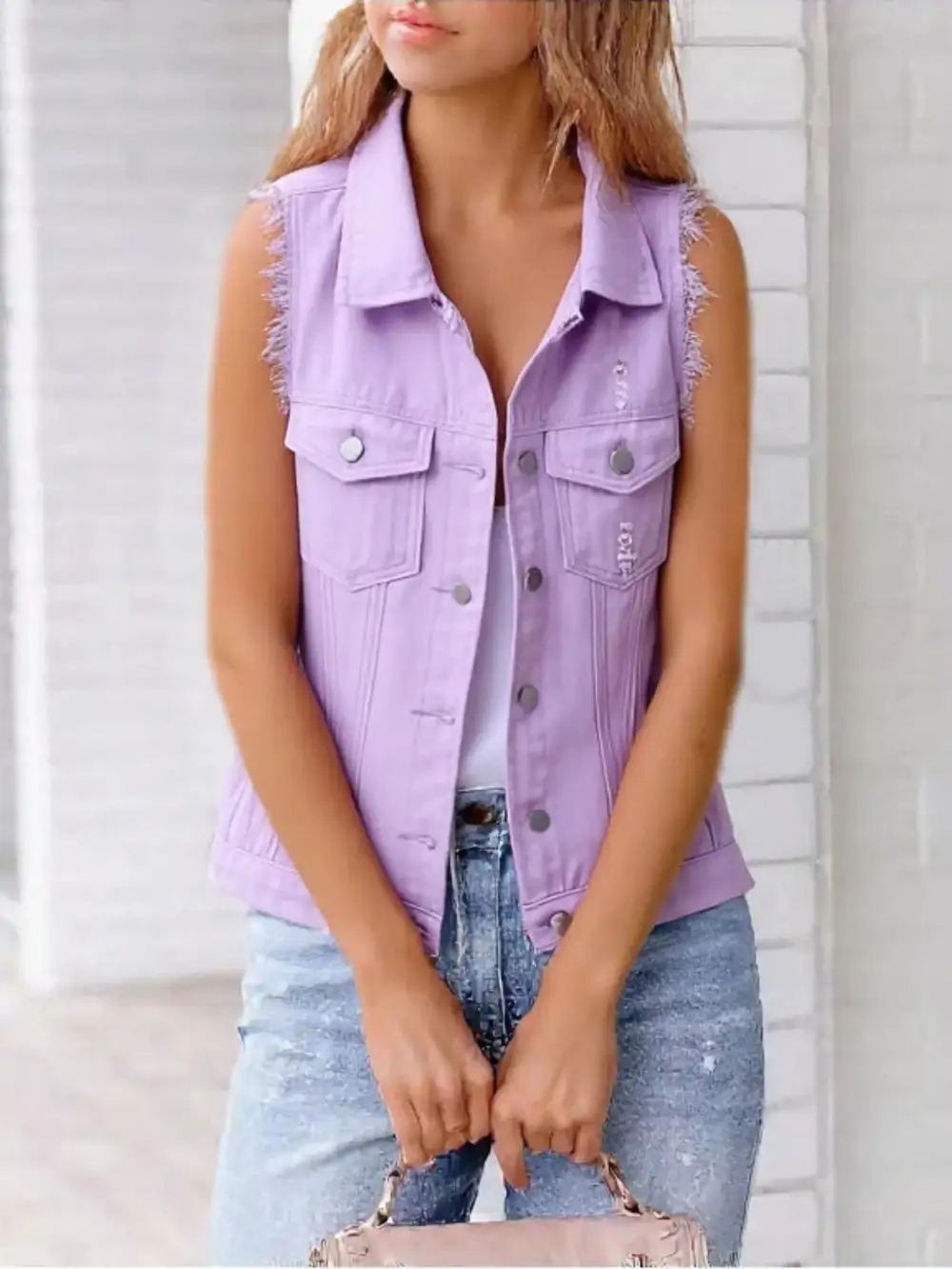 Full Size Sleeveless Frayed Denim