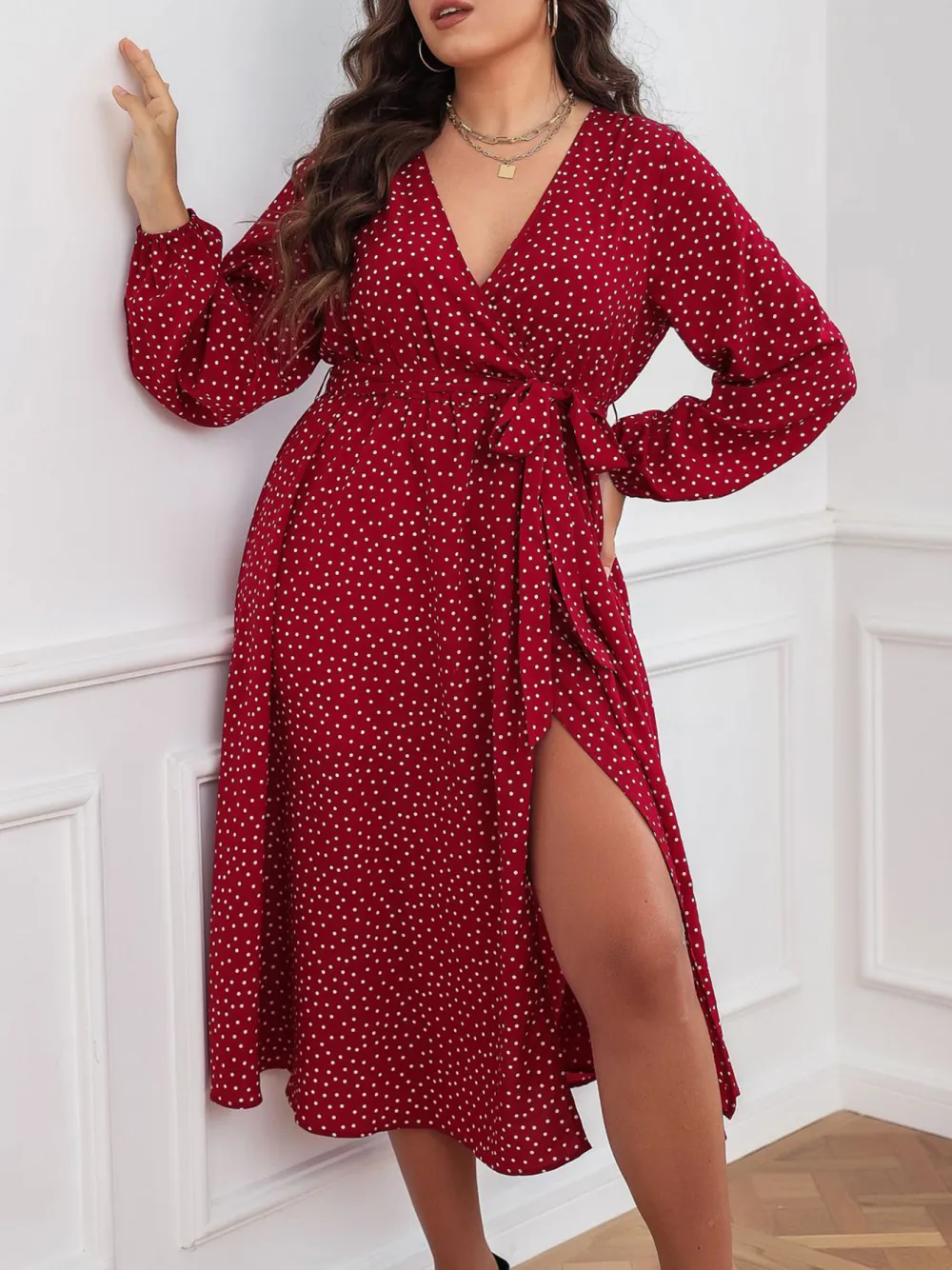 Literary Temperament Red Plus Size Dress Polka Dot Long Sleeves Women Clothing