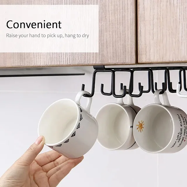 Kitchen Double-row Hook Hanging Cup Holder Household Punch-free Wall Cabinet Hook Spatula Rack Cup Storage Wrought Iron Hook