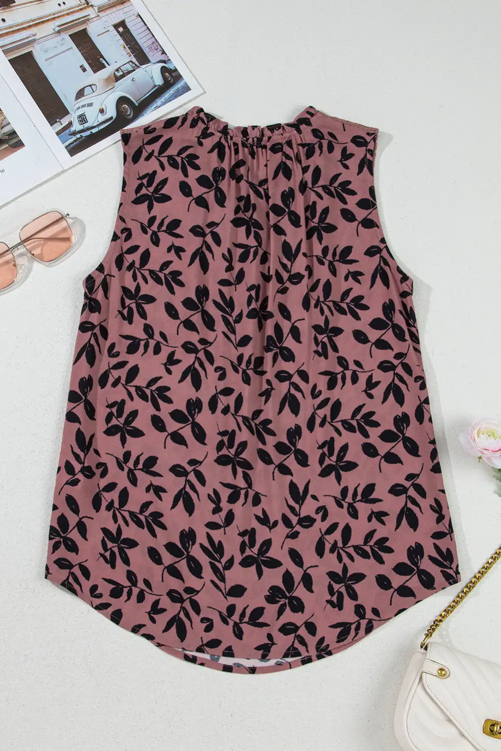 Leaf Print Lace Up V Neck Crinckled Tank Top