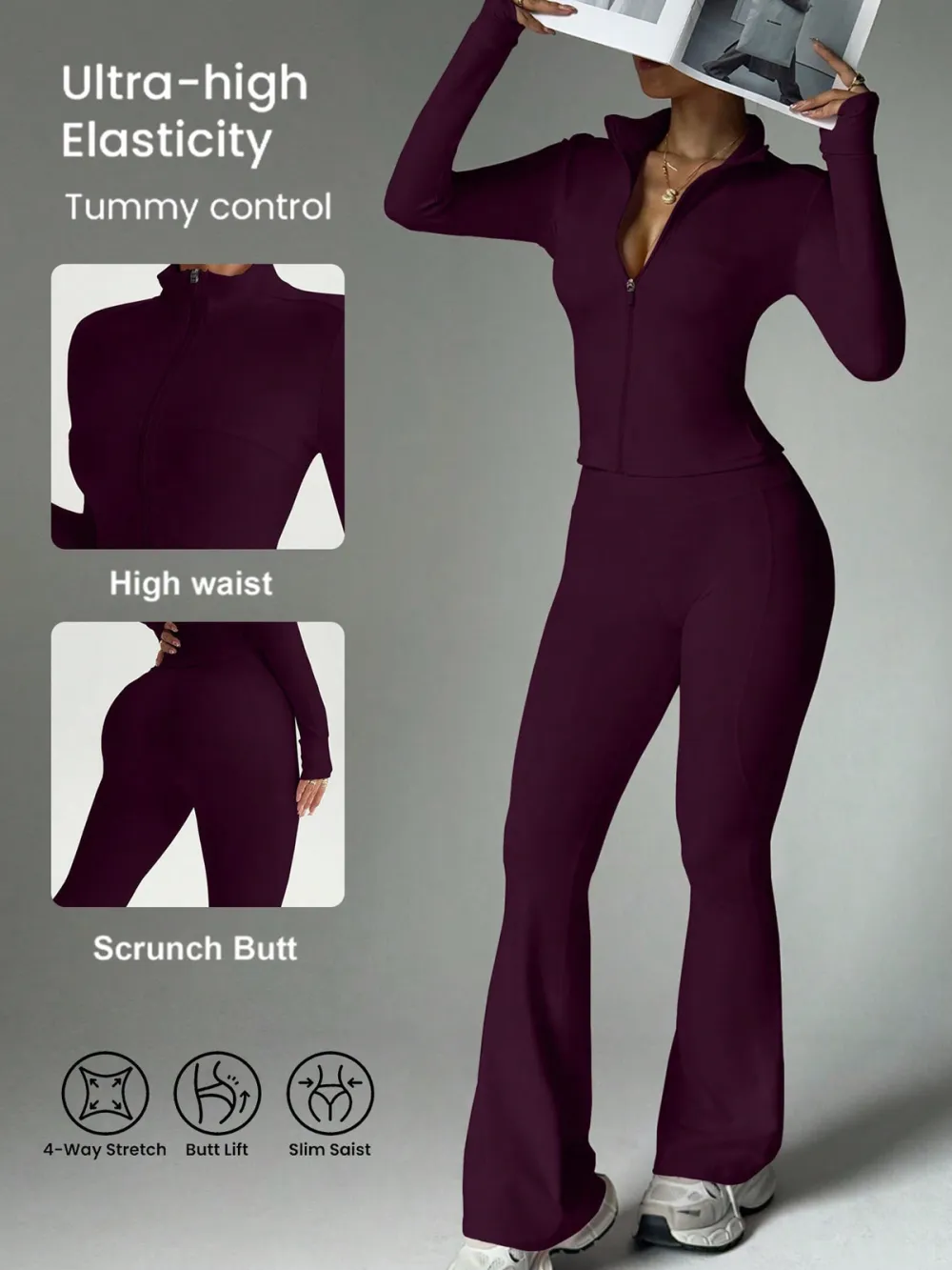 Women's Nude Yoga Set — Zip-Up Long Sleeve Jacket, High-Waist Flared Pants, Solid Backless Top, Soft-Touch Athletic Activewear