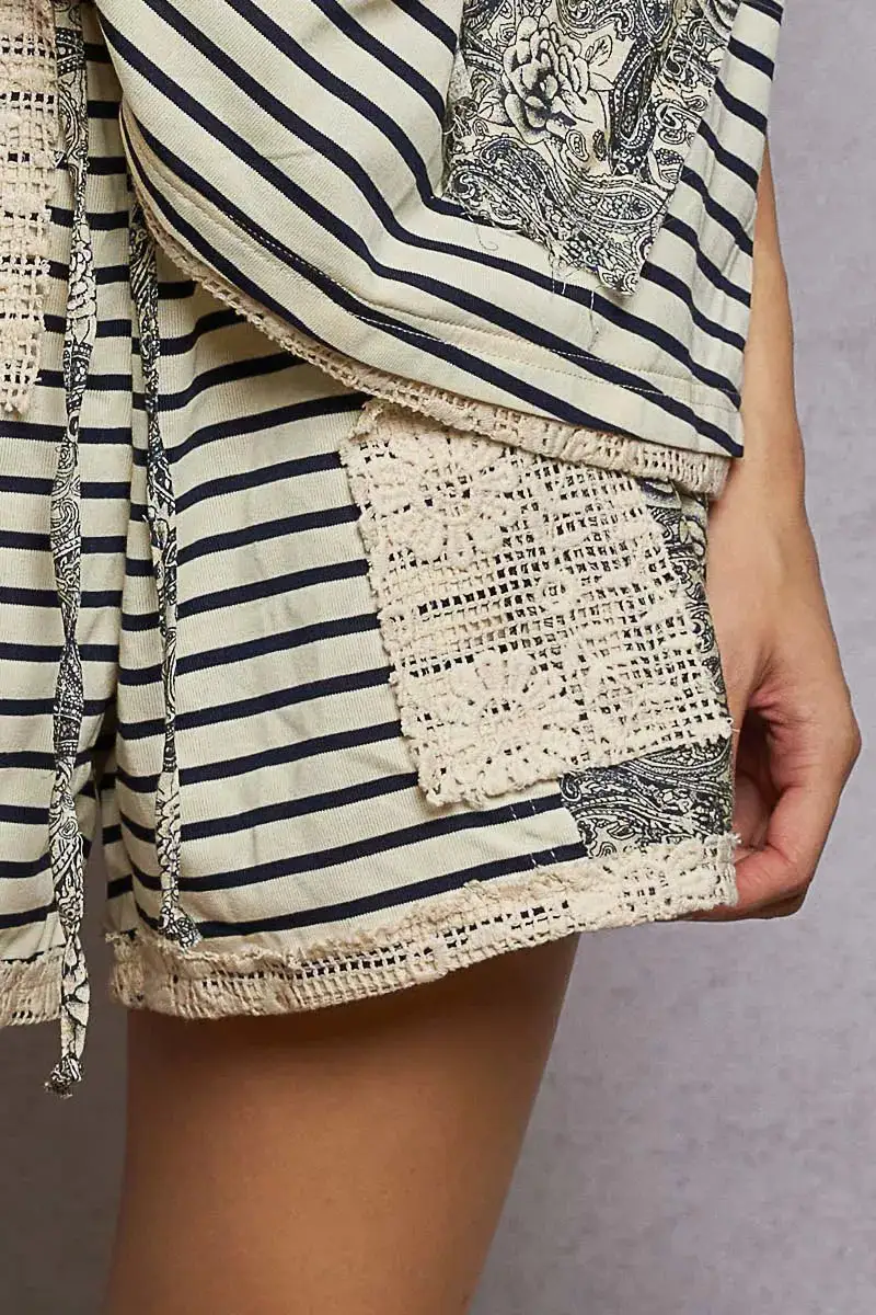 Drawstring Striped Shorts with Paisley and Crochet Patch Details