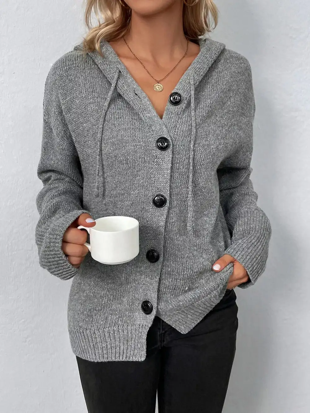 Full Size Cozy Knit Hooded Button Down Cardigan Plus Size