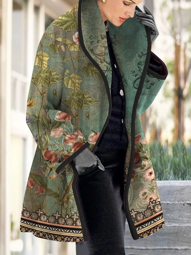 Vintage Flower Lake Lapel Mid Length Coat