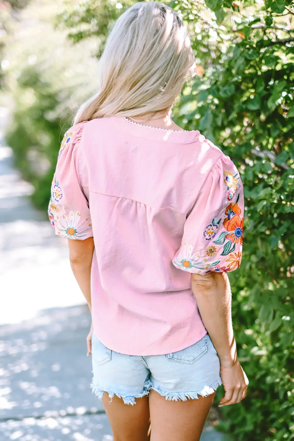 Softly Styled Floral Embroidered Puff Sleeve Blouse