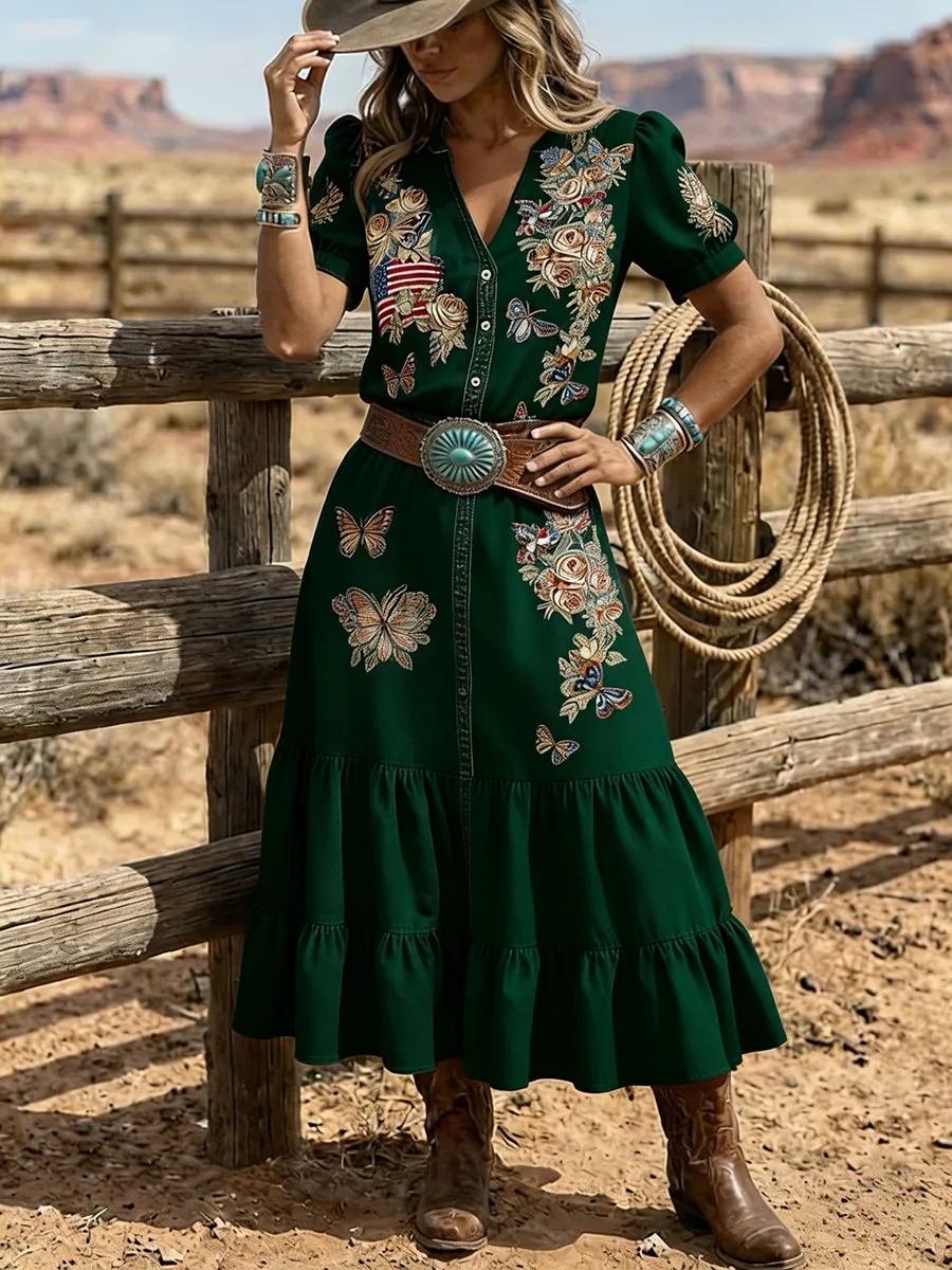 Women's Western Butterfly Embroidered Patchwork Denim Maxi Dress