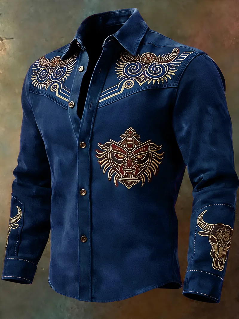 Men's Tribal Bull & Mythical Beast Embroidered Long Sleeve Shirt