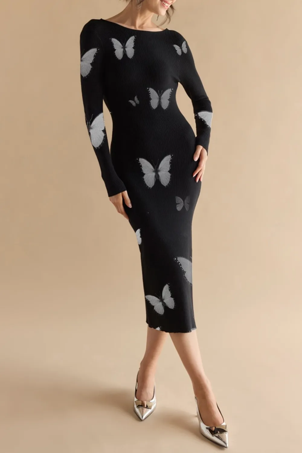 Irma Pearl Trim Fitted Sweater Midi Dress