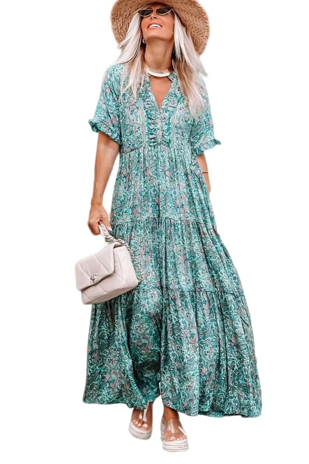 V-Neck Holiday Ruffle Tiered Maxi Dress