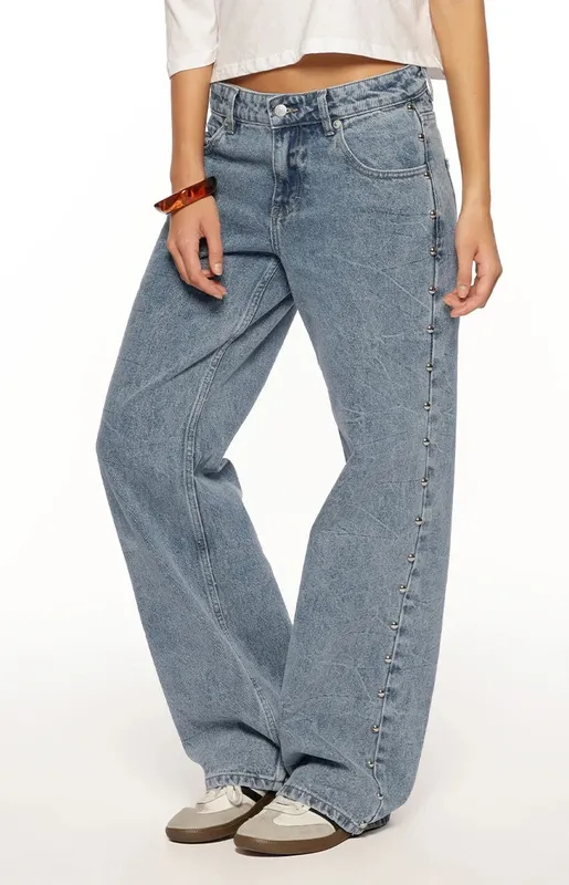 Mid-Wash Studded Baggy Jeans