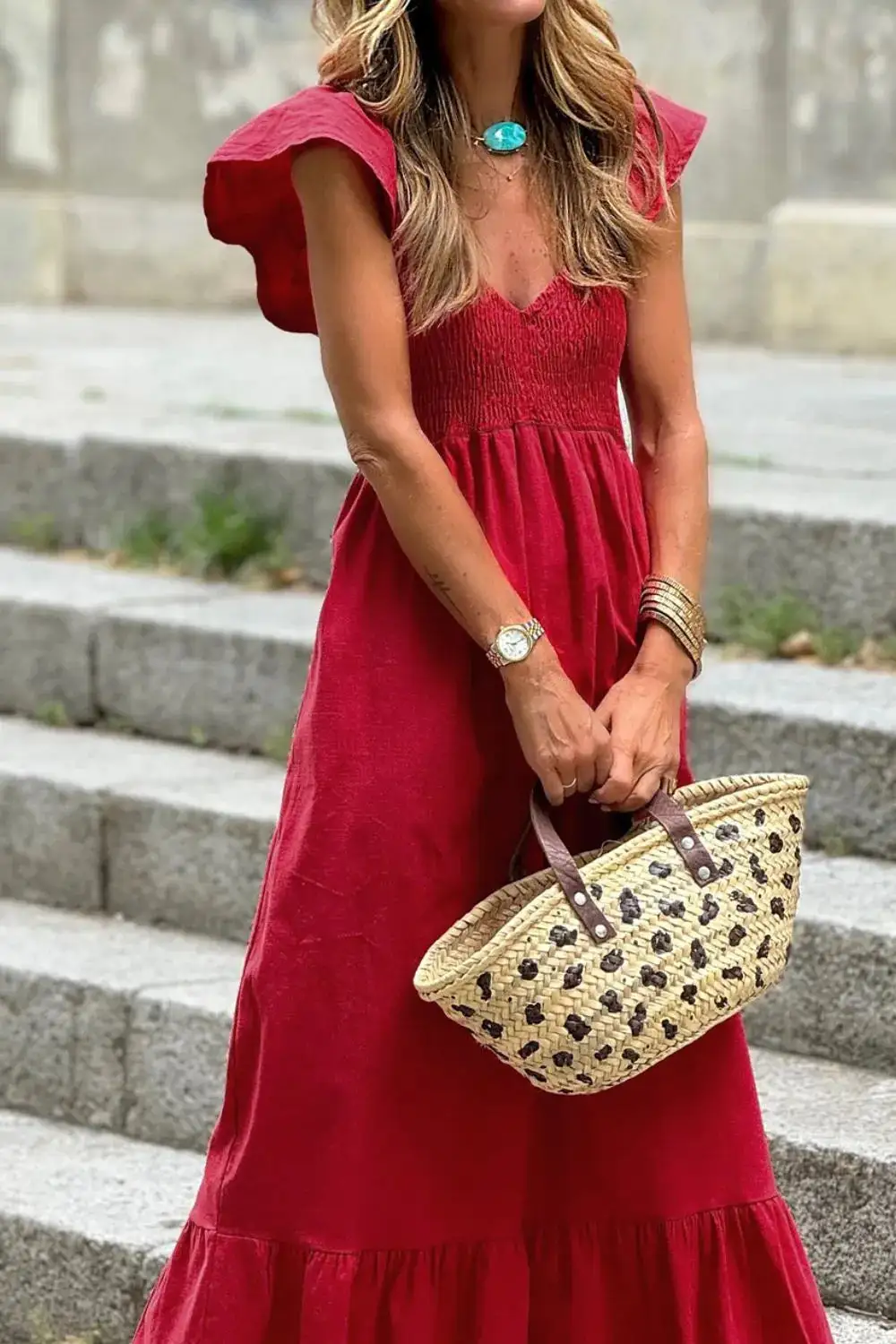 Textured Tie Detail Smocked Dress