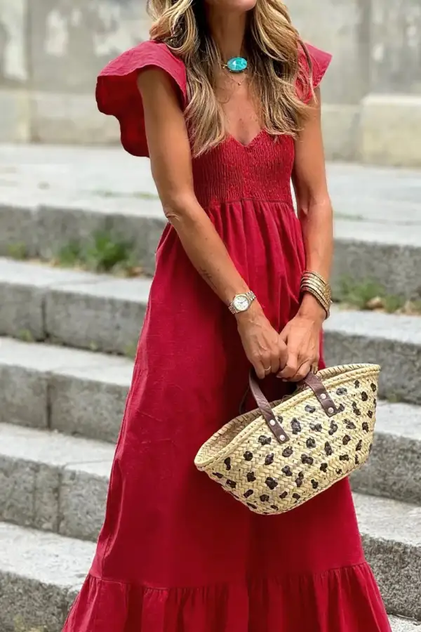 Textured Tie Detail Smocked Dress
