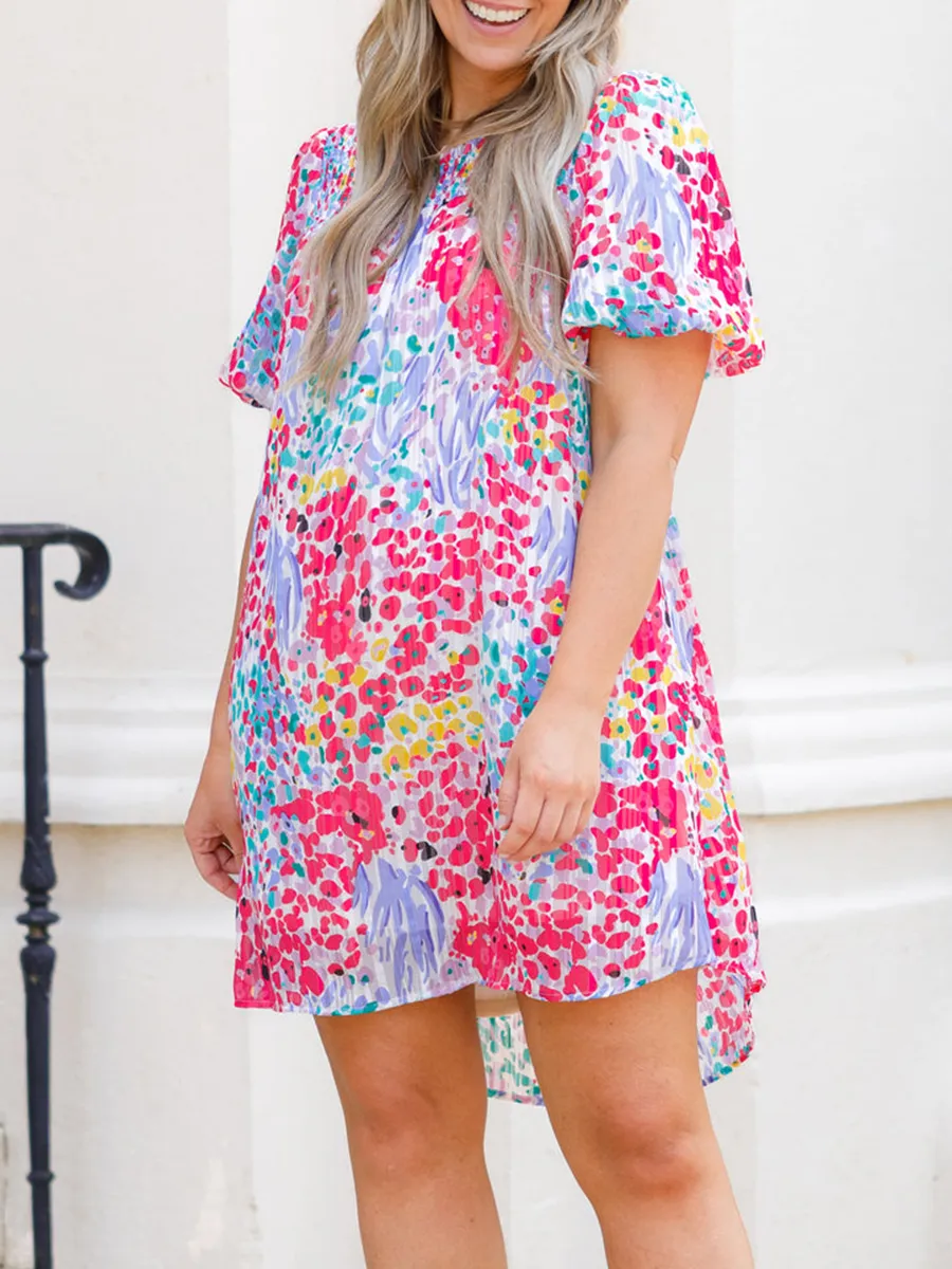 Flower Patterned Lantern Sleeve Dress