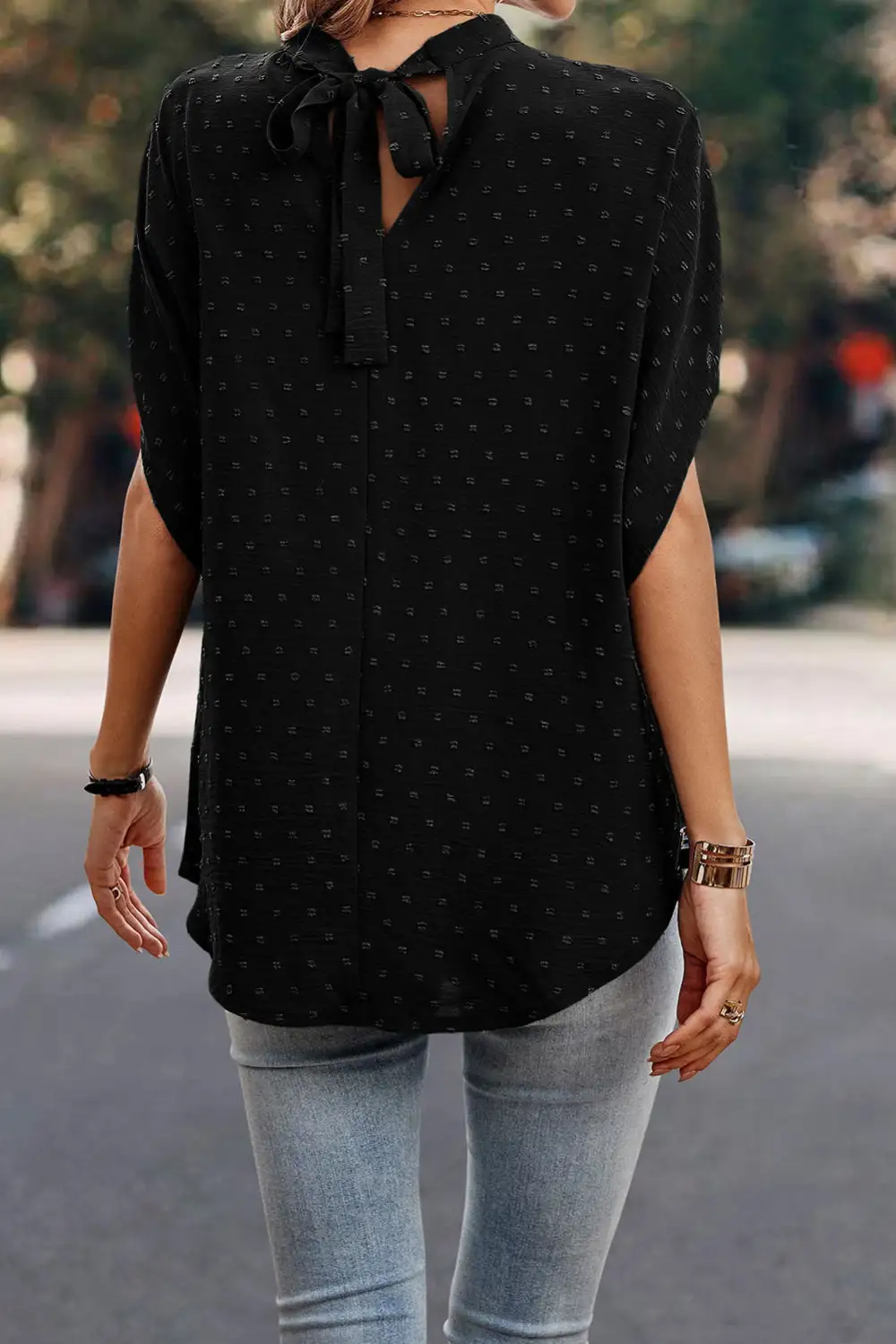 Bow Detail Batwing Sleeve Swiss Dot Blouse