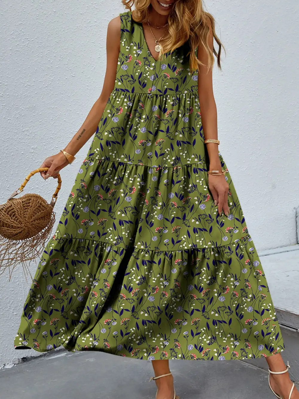 Boho Chic  Tiered Printed V-Neck Sleeveless Dress