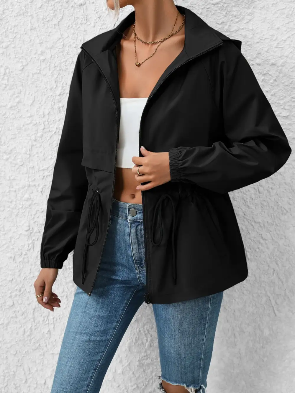 Drawstring Zip-up Hooded Jacket