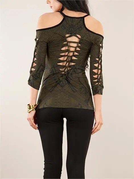 Cut Out Braided Back And 3/4 Sleeve Printed Top