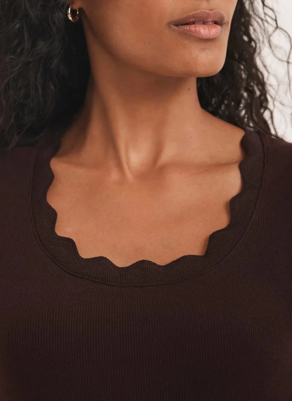 Casual Style Burgundy Scallop Trim Midi Dress