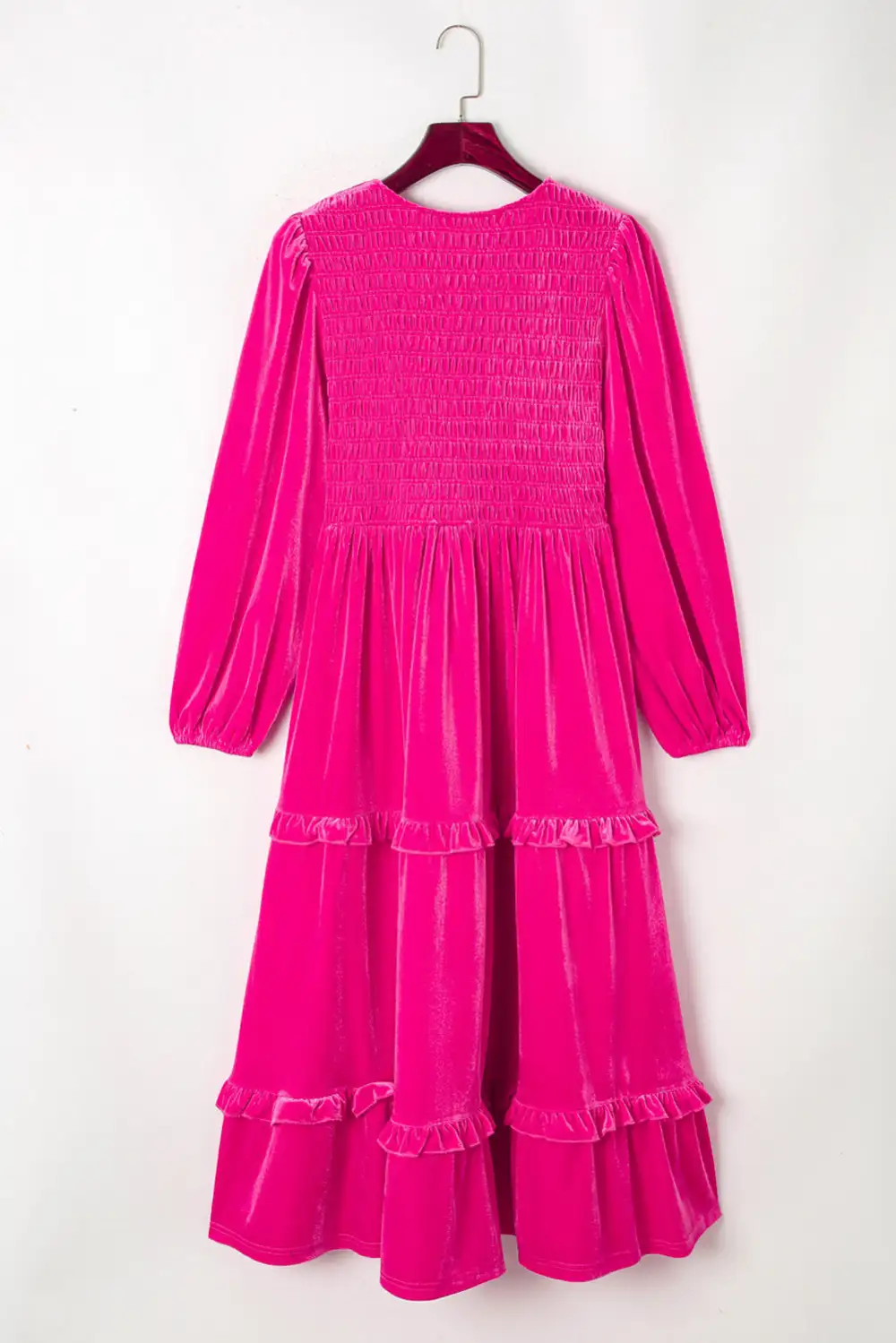 Rose Red Shirred V-Neck Long Sleeve Velvet Dress