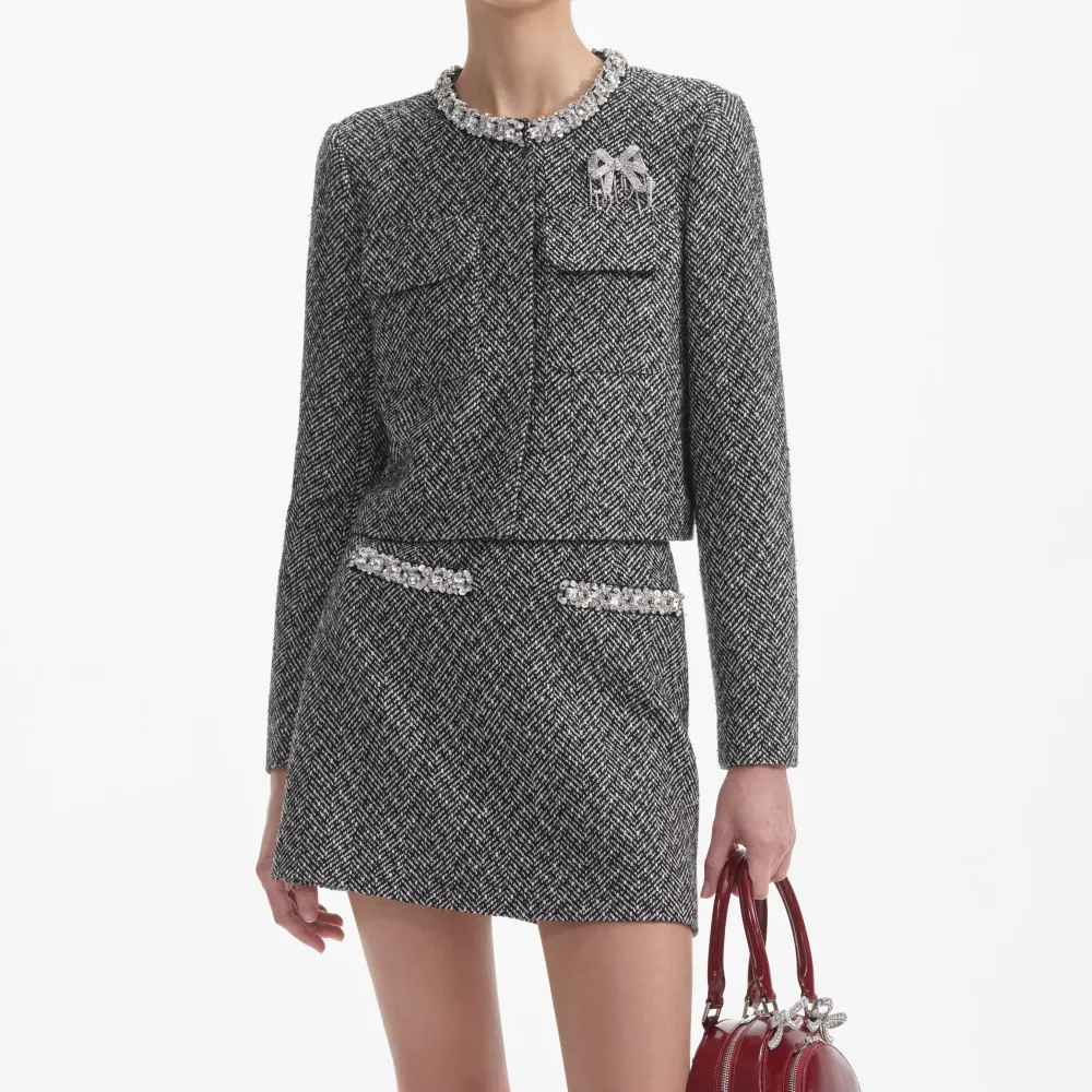 Black Herringbone Embellished Jacket