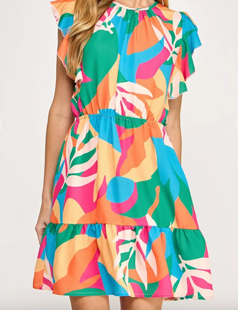 Tropical Print Ruffle Dress