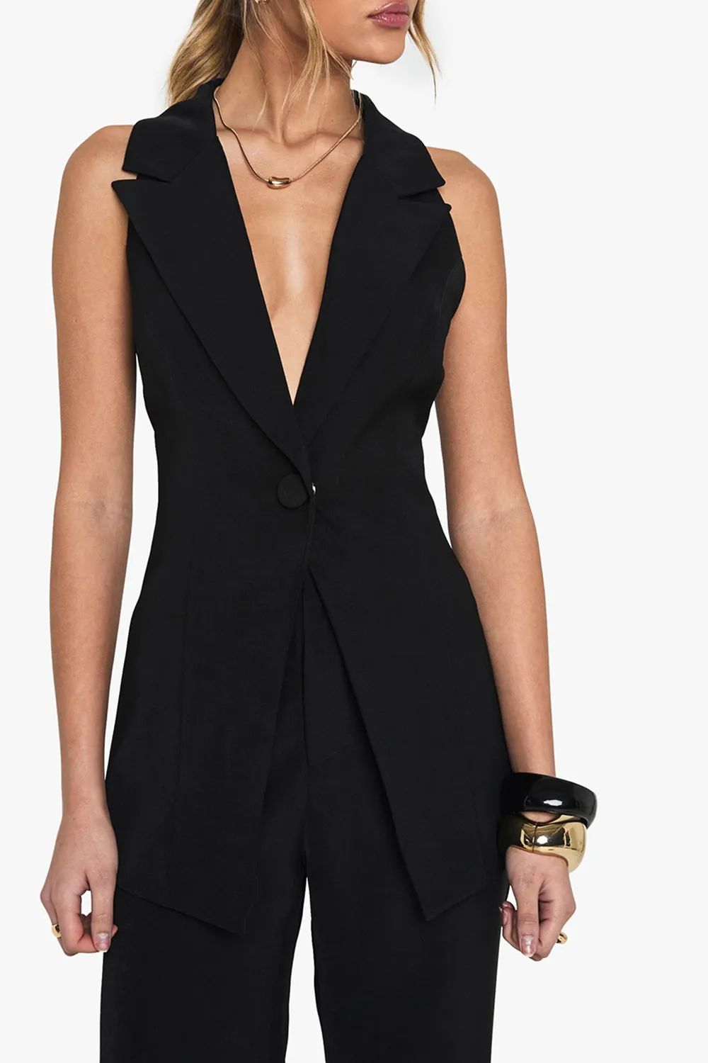 Sleeveless Deep V Single Button Ladies Vest