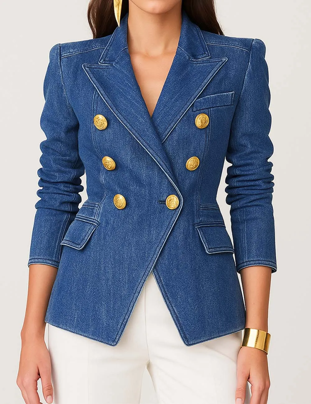 Peaked Lapel Double-breast Denim Blazer