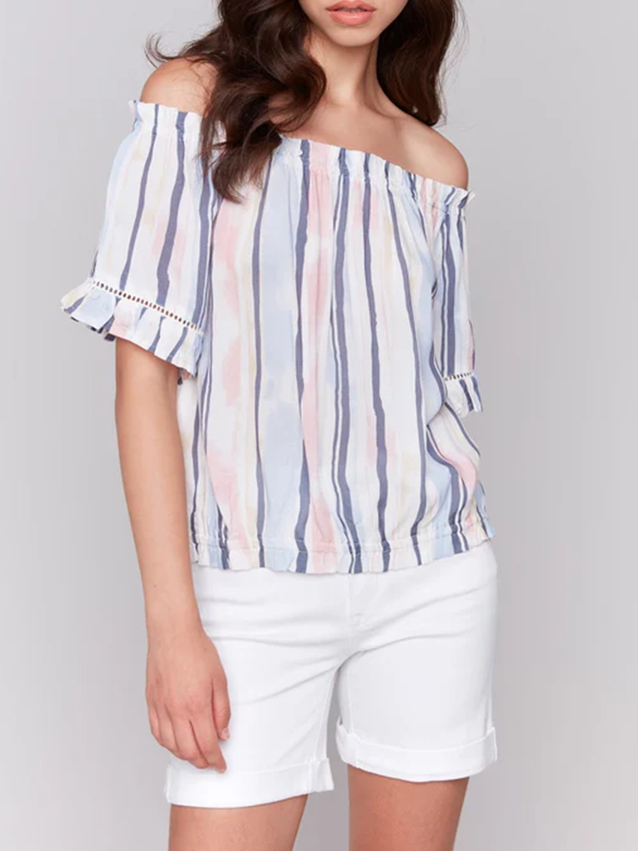 Striped High-End Off-Shoulder Short Sleeves