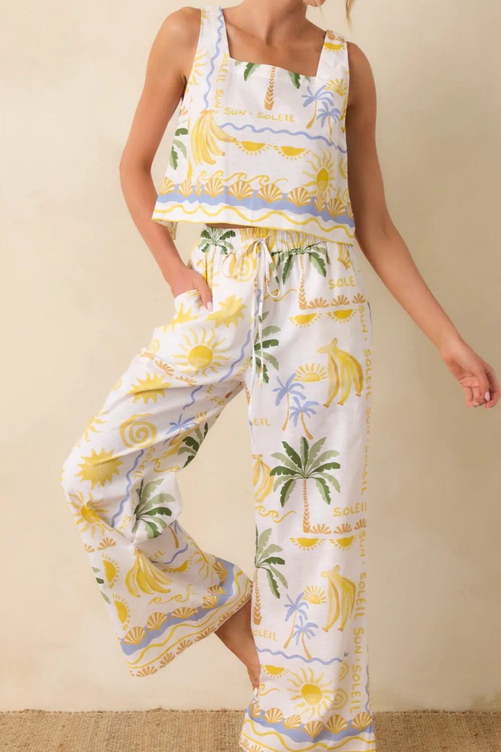 Multicolor Linen Blend Tropical Print Pants