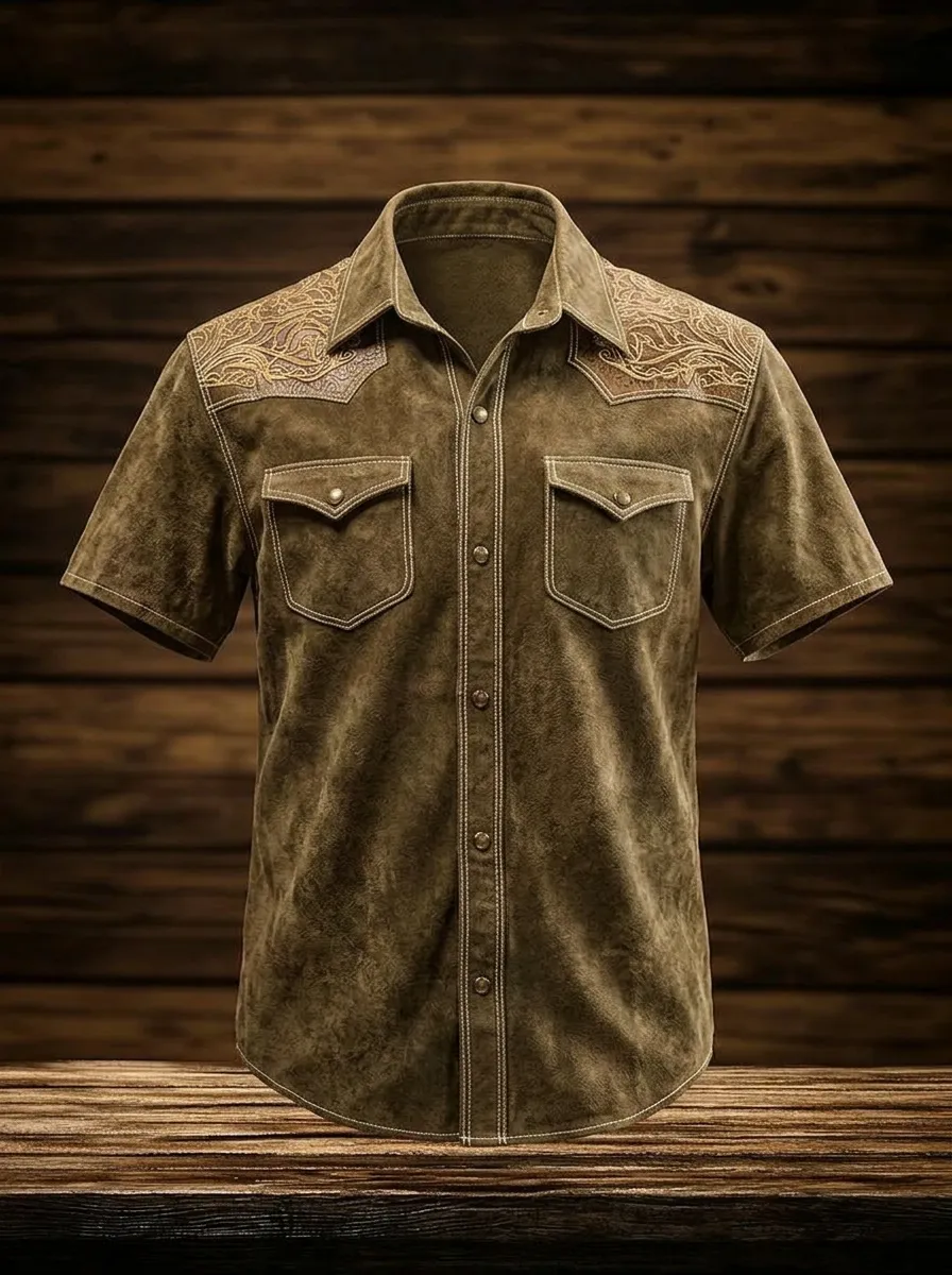 Men's Western Cowboy Floral Embossed Printed Shirt