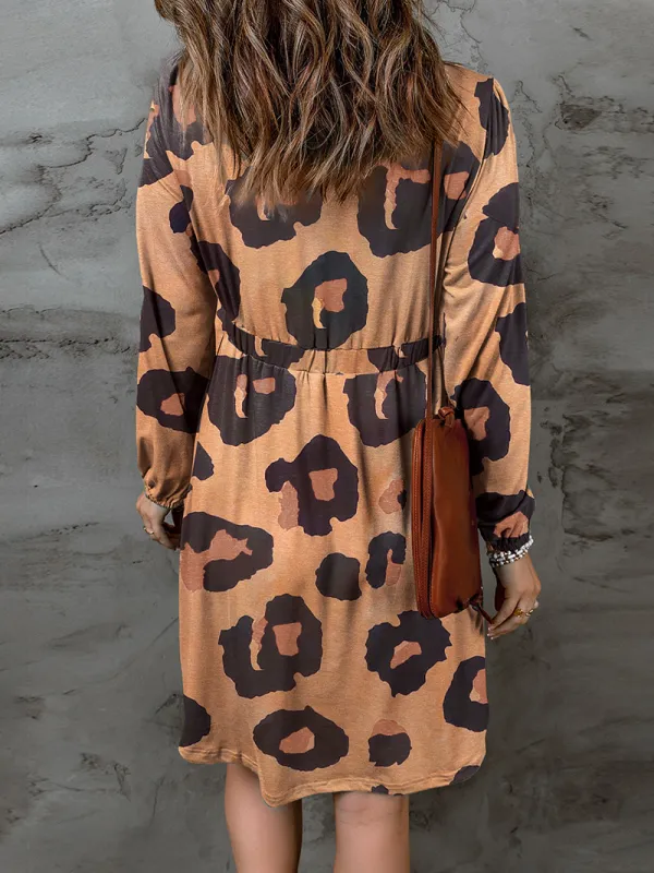 Leopard Print Button Front Bubble Sleeve Loose Knit Dress