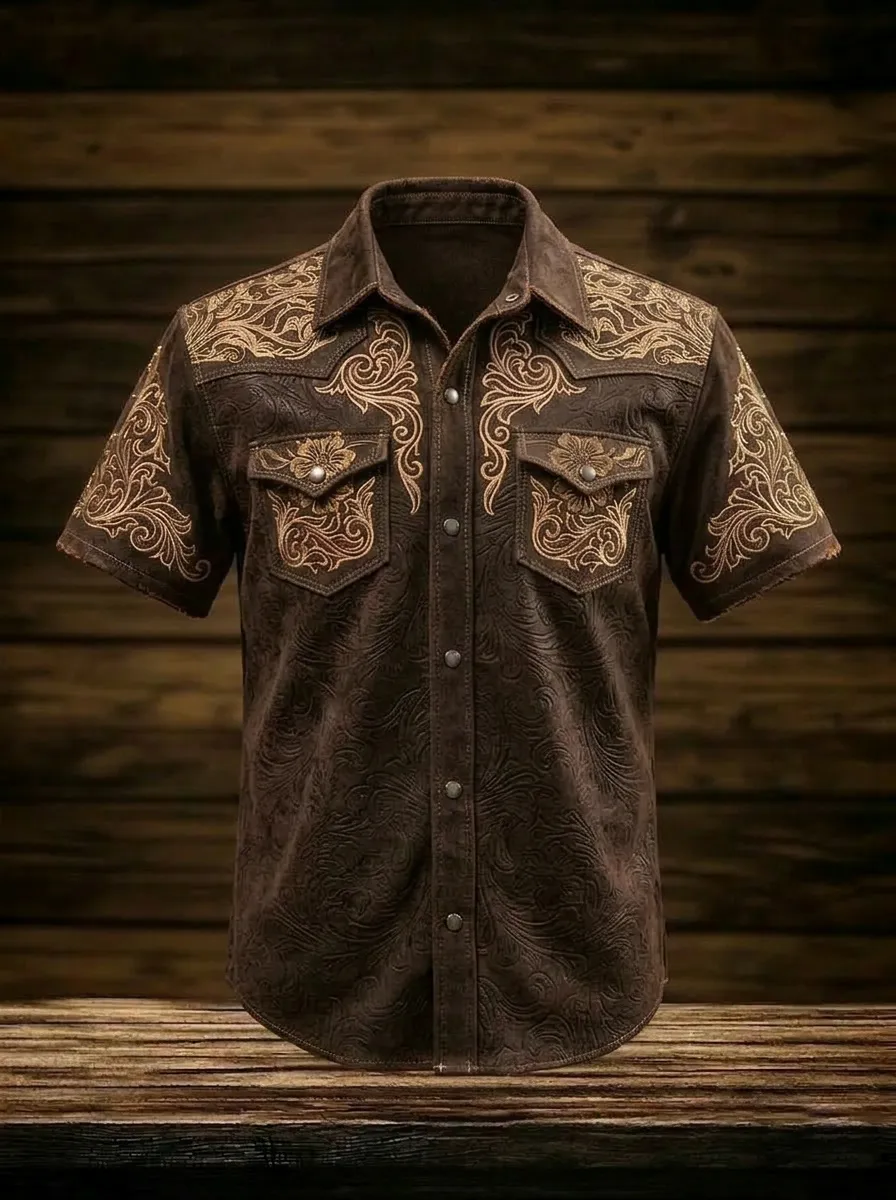 Men's Western Cowboy Floral Embossed Printed Shirt