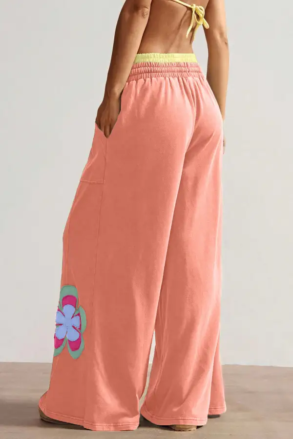 Flower Patchwork Drawstring Elastic Waist Pants