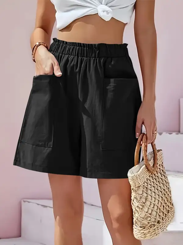 Clean Front Elastic Waist Pocket Detail Shorts