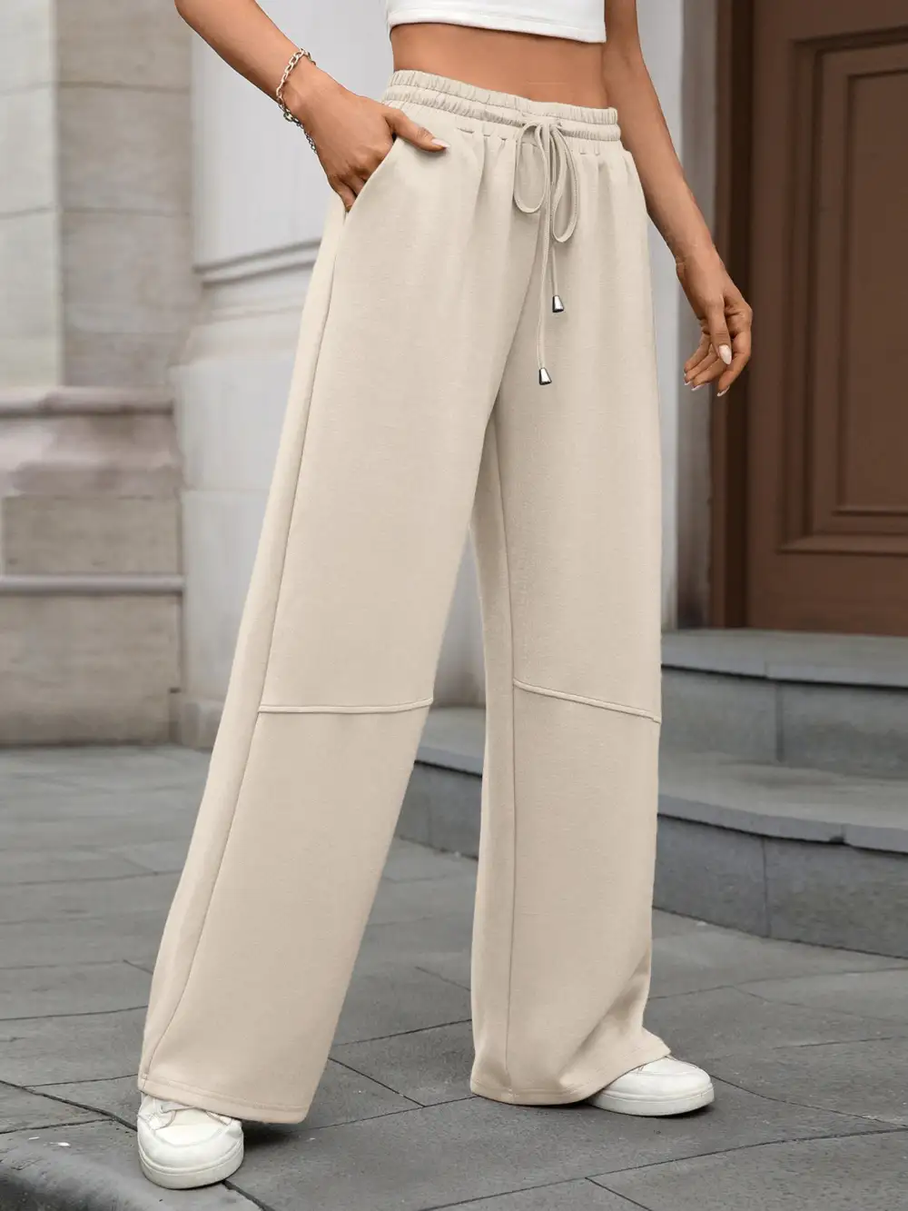 Drawstring High Waist Wide Leg Casual Pants